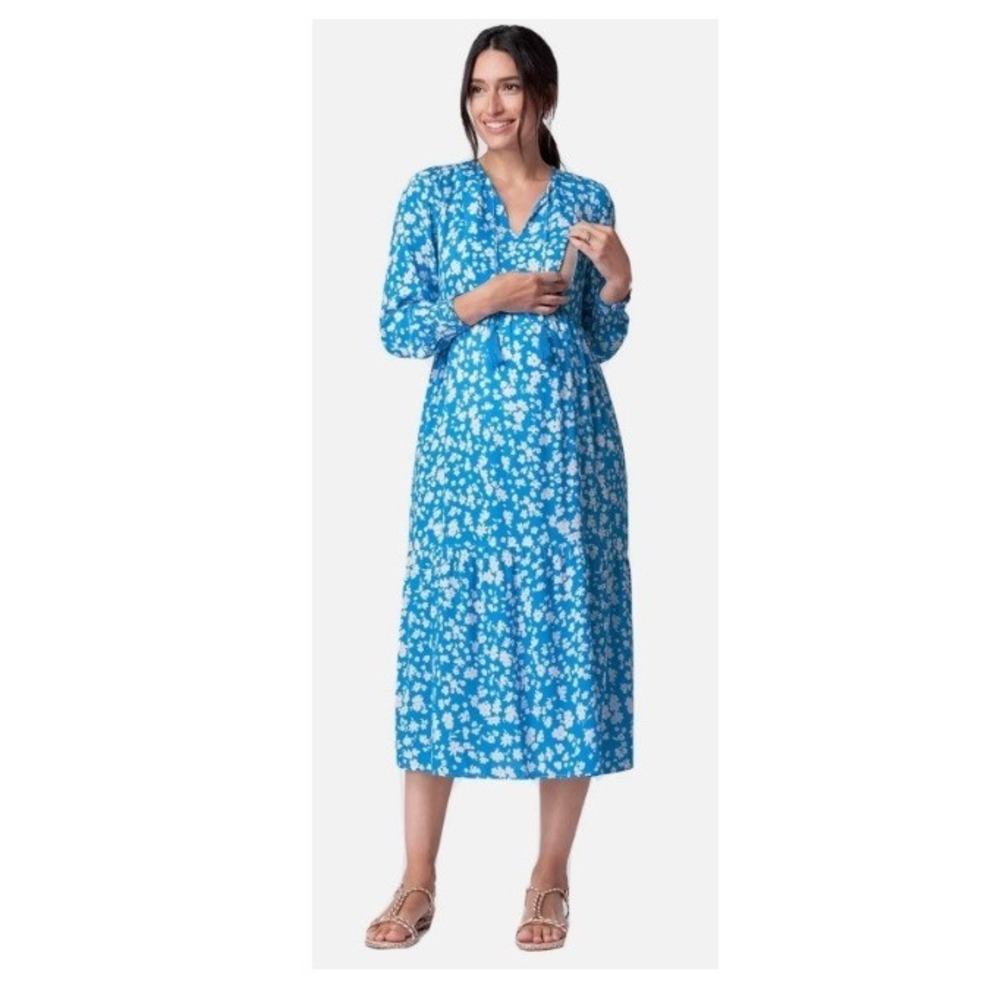 Seraphine Maternity Nursing Dress 12 Blue Floral Midi Breastfeeding Pockets
